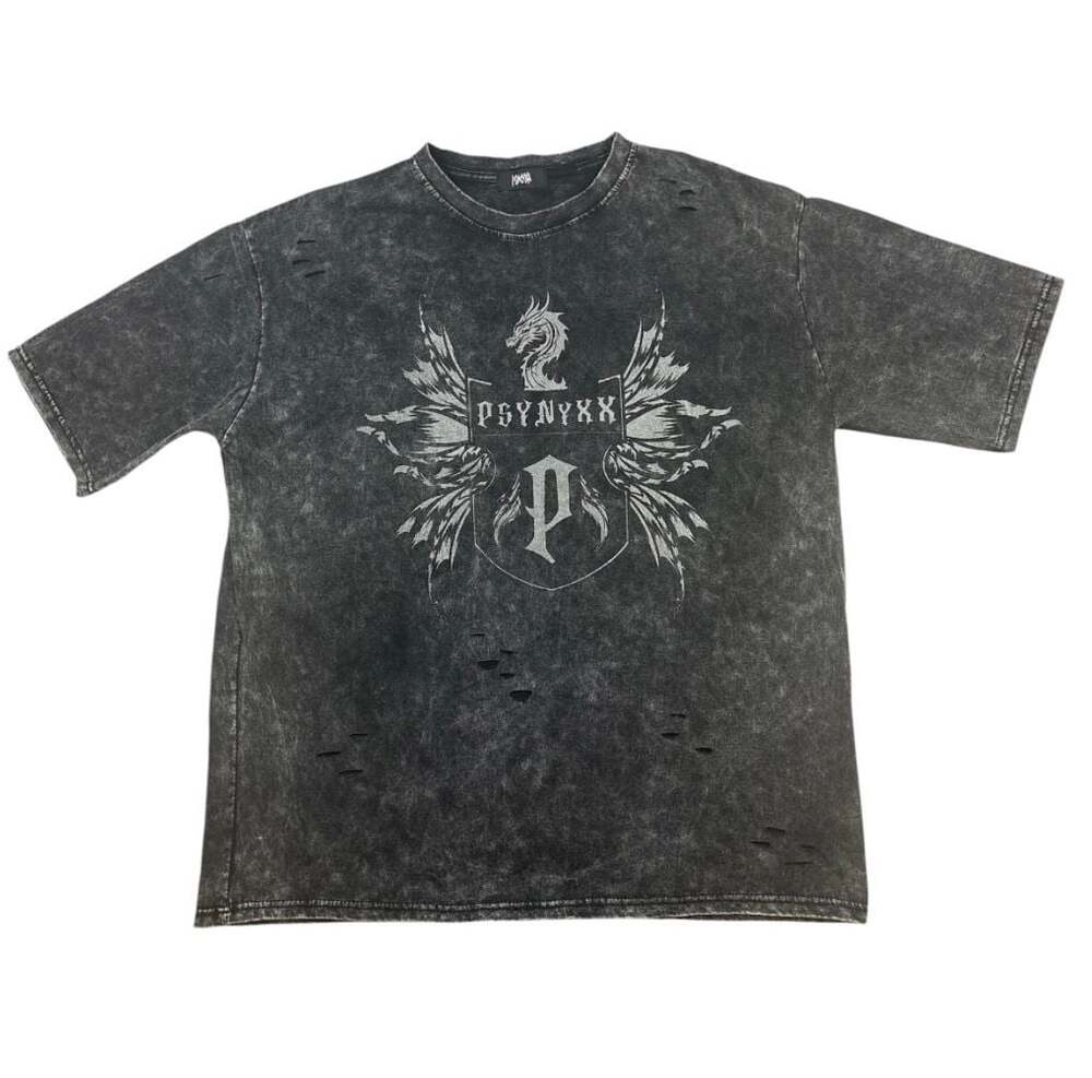 Psynyxx Dragon Crest Wing Distressed Acid Wash Oversized T-Shirt